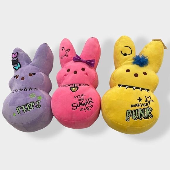 Peeps 17” Large Emo Peep Bunny Rabbit Plush Set Purple Yellow Pink NWT HTF RARE - Picture 1 of 7